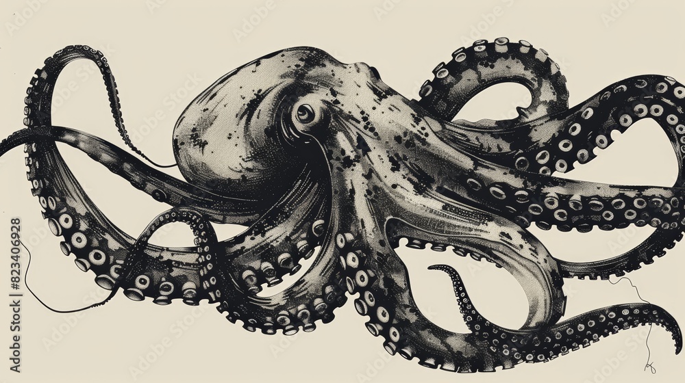 Obraz premium Ink Illustration of an Octopus in Chinese Style