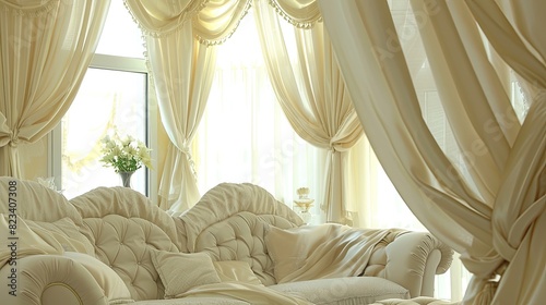 Chenille curtains in an American style living room, adding a touch of comfort and elegance to the space. photo