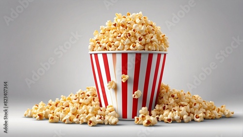 A red and white striped popcorn bucket is overflowing with popped popcorn.

