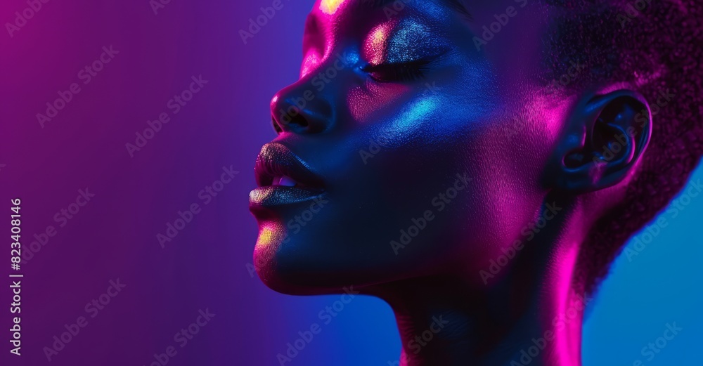 A model in neon lights against a dark background, showcasing their skin with a closeup of the neck and shoulders