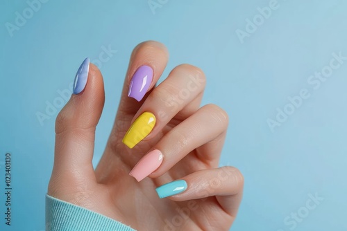 A Woman's Hand With Long Nails Painted With Different Colors Of Nail Polish Blue Background Nail Salon