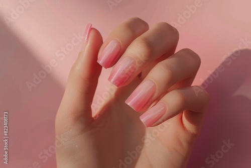 A Woman s Hand With Long Nails Painted In Gradient Style With Pink Nail Polish Light Pink Background Nail Salon