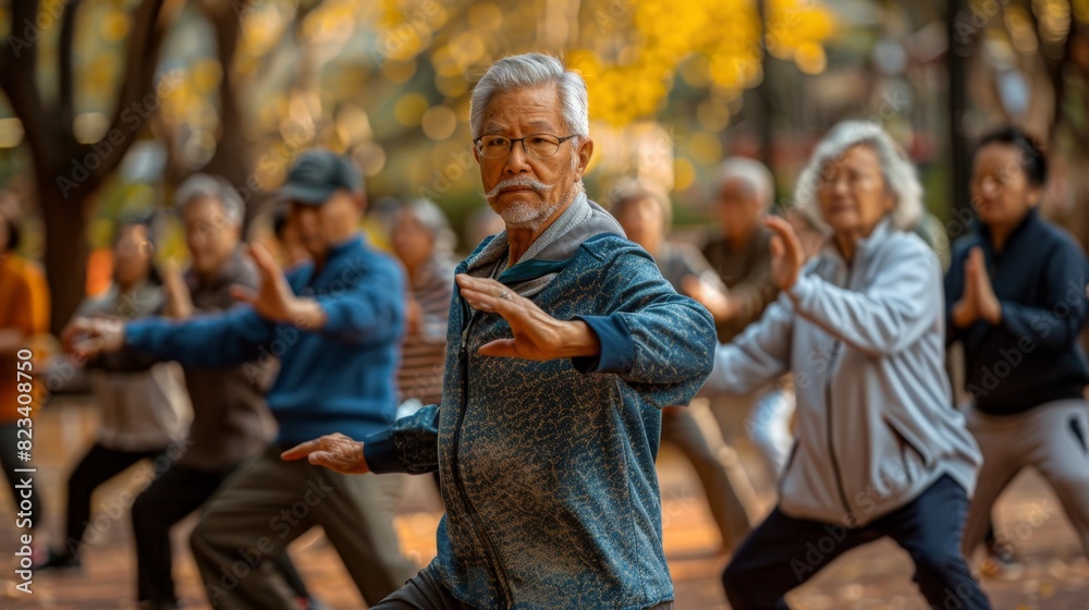 A group of seniors practicing tai chi in the park