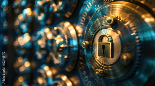 Closeup of a locked vault door with a padlock.