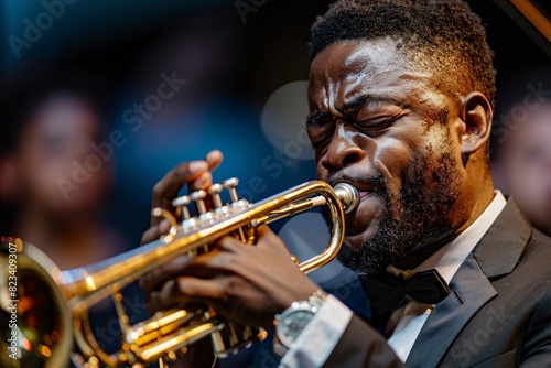 A close-up of a skilled trumpeter playing a solo at the Guca Trumpet Festival, with intense focus on their face and the audience captivated by the music photo