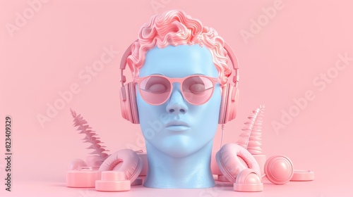 Minimalistic Music Concept, Sunglasses and Headphones on Human Head Sculpture 3D Render © Tanakorn