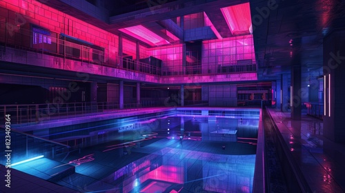 Neon lit swimming pool in modern building for futuristic or urban design © Yusif