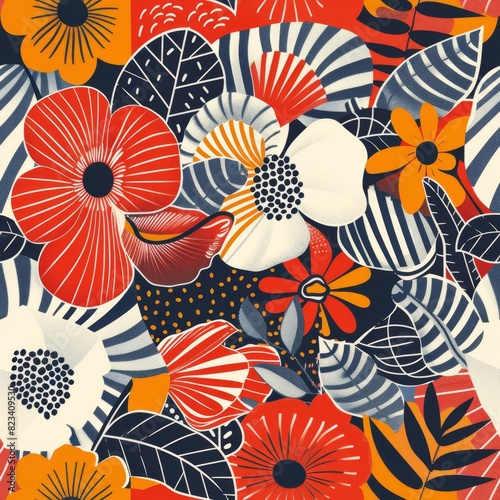 Vibrant Retro Floral Pattern with Bold Colors and Textures