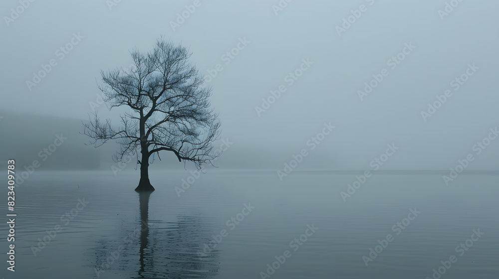 Solitary tree in misty lake