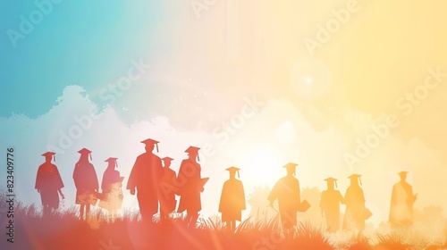 Silhouettes of graduates walking towards a bright future under a colorful sky.