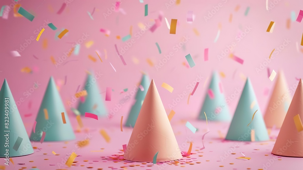 Colorful party hats and confetti on a pink background.