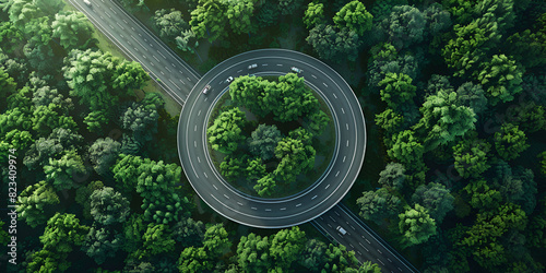 aerial view of Roundabout in the middle of a forest Circular road surrounded by trees An aerial view of a road winding through a dense forest