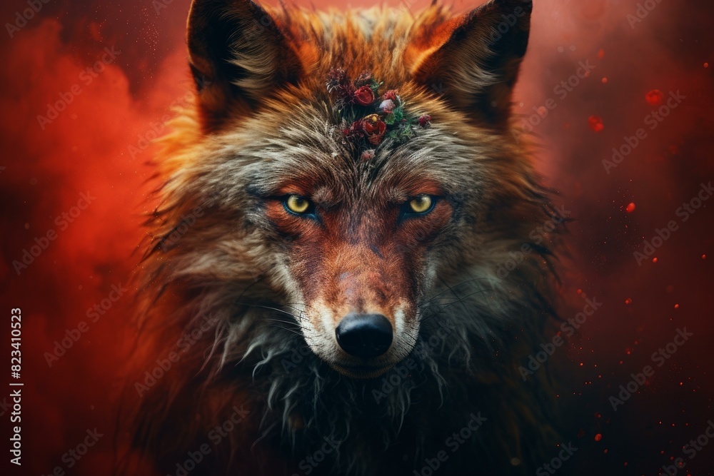 Captivating close-up of a fox adorned with berries, set against a blazing red backdrop Captivating close-up of a fox adorned with berries, set against a blazing red backdrop