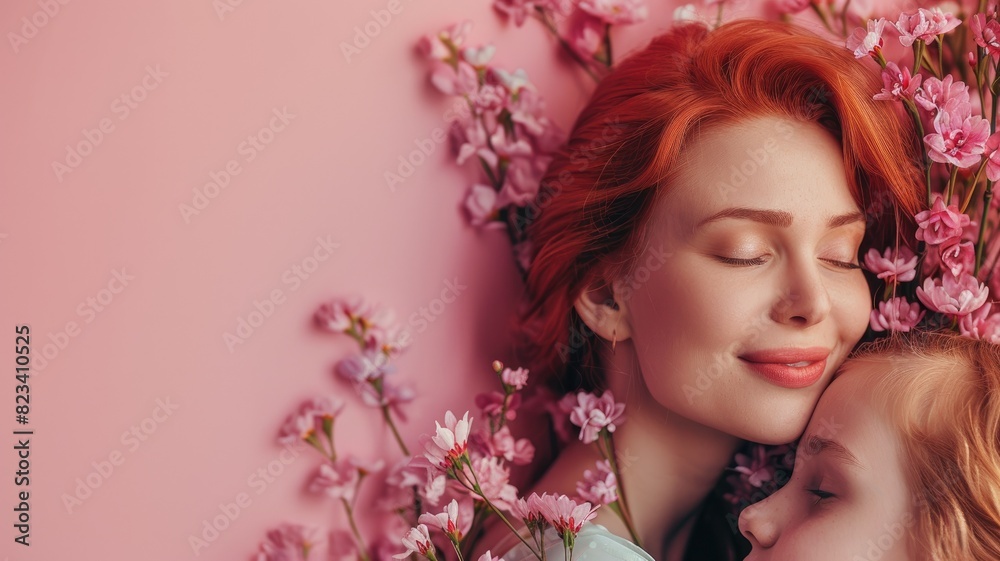 Content woman with red hair embracing child among pink flowers on pastel background