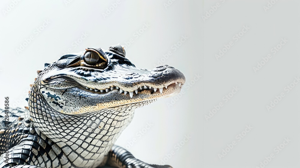 Obraz premium Close-up of reptile with sharp teeth, likely alligator, on light background