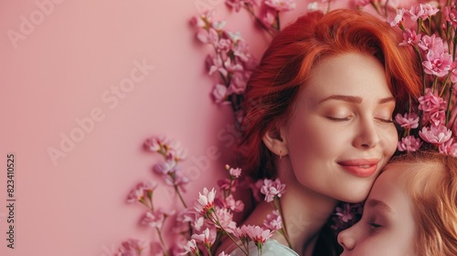 Content woman with red hair embracing child among pink flowers on pastel background