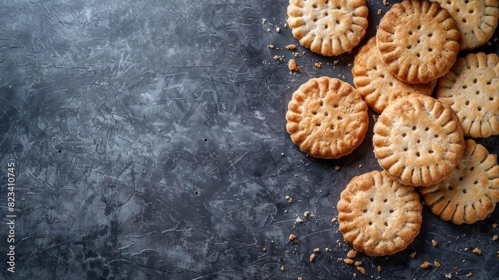 Variety of round cookies with intricate designs scattered on textured dark background Variety of round cookies with intricate designs scattered on textured dark background