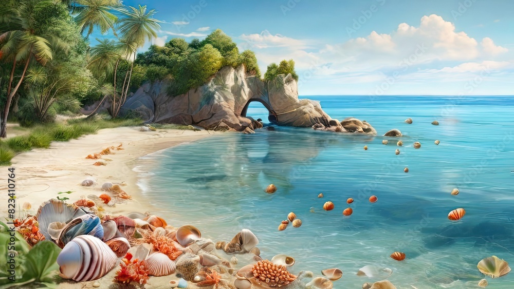 Seashells scattered on a sandy beach with swaying palm trees in the background