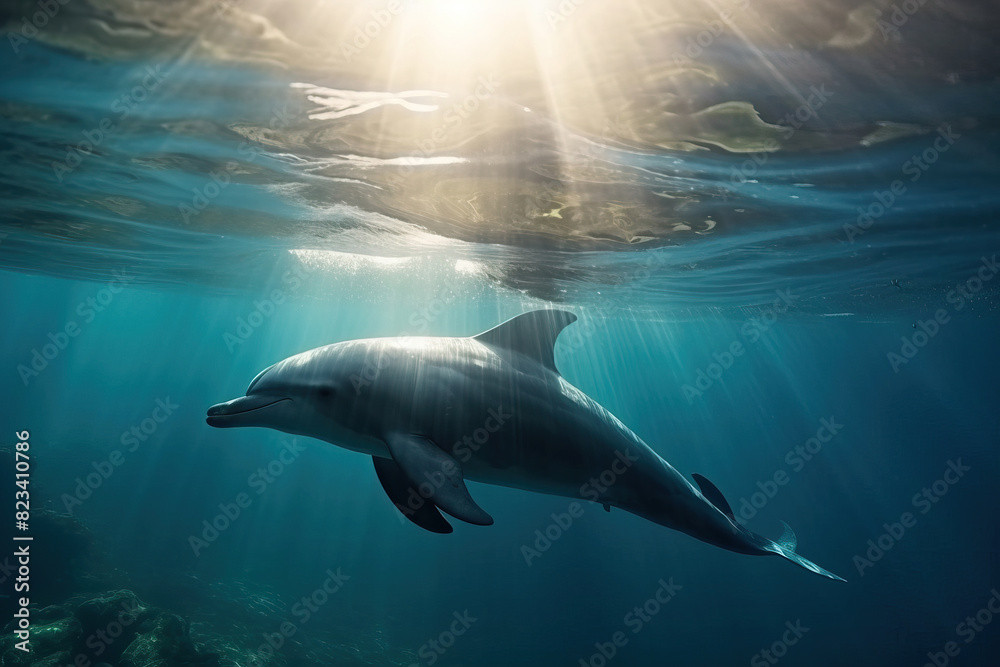 Dolphin swimming in the ocean with sun light flare from the surface. Nature underwater animal wildlife concept. Dolphin swimming in the ocean with sun light flare from the surface. Nature underwater animal wildlife concept.