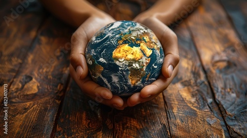 Hands holding a globe on a wooden table, representing care for the planet.