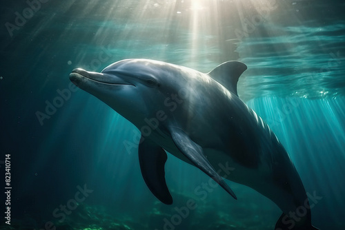 Dolphin swimming in the ocean with sun light flare from the surface. Nature underwater animal wildlife concept. © Nilla