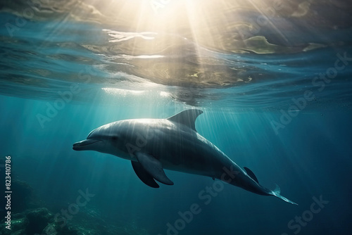 Dolphin swimming in the ocean with sun light flare from the surface. Nature underwater animal wildlife concept. © Nilla