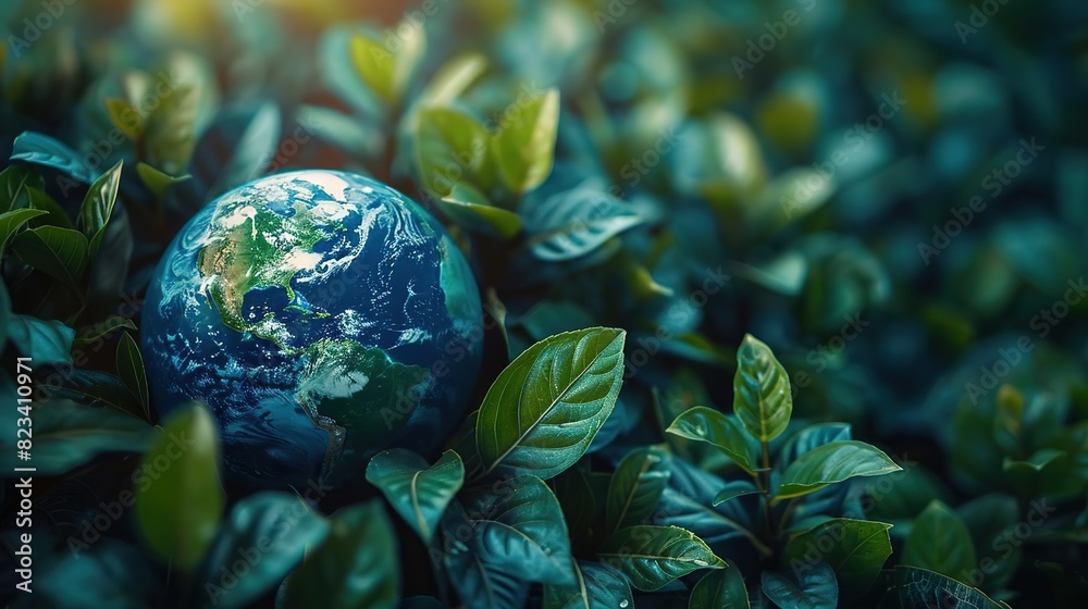 Globe surrounded by green leaves, symbolizing nature and sustainability.