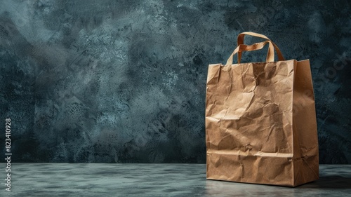 Crumpled brown paper bag standing on textured grey surface against darker background