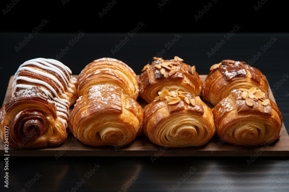 Fototapeta premium Selection of fresh, delicious pastries with various toppings, presented on a dark background