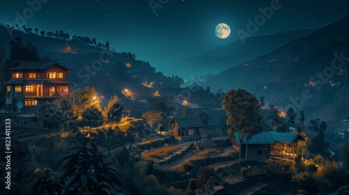 Night village on the mountainside under the full moon for travel or nature themed designs photo