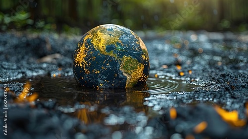 A miniature globe submerged in a muddy puddle  representing environmental issues.