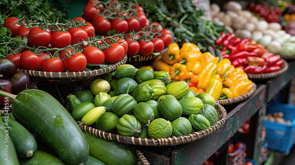 Fresh produce on display at a farmers market. Fresh produce on display at a farmers market.
