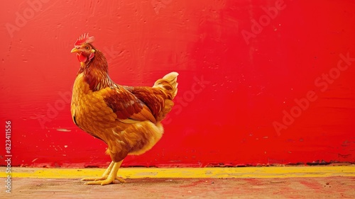 Brown chicken standing confidently in front of vibrant red background