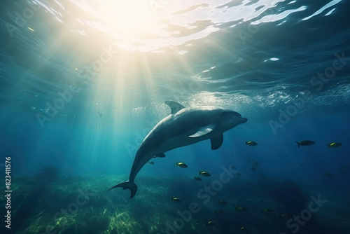 Dolphin swimming in the ocean with sun light flare from the surface. Nature underwater animal wildlife concept.