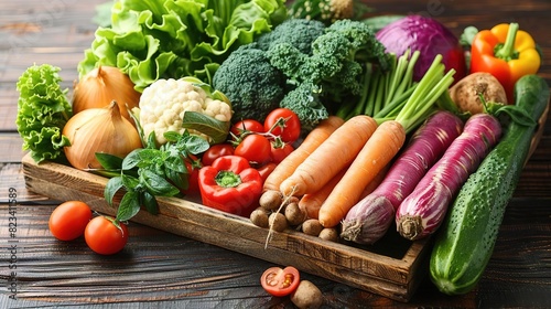 Assortment of fresh vegetables in a wooden crate.