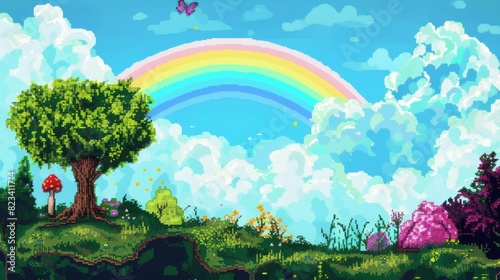 A vibrant pixel art landscape featuring a lush green tree, colorful flowers, and a bright rainbow across a blue sky.