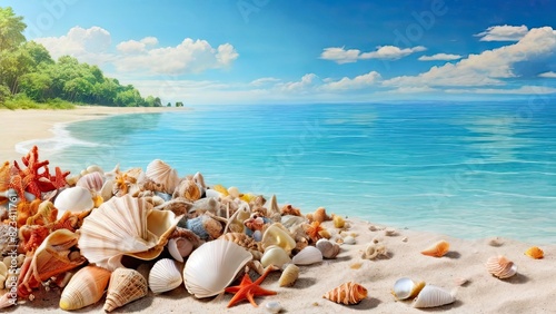 Seashells scattered on a sandy beach with swaying palm trees in the background