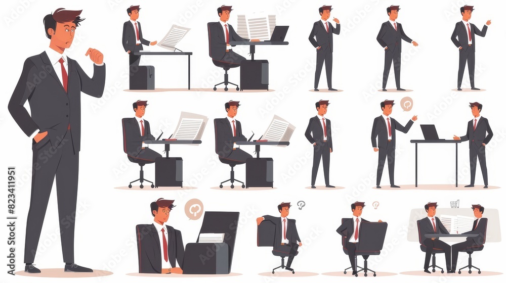 Manager office workplace. Businessman in a dark suit and red tie working in various poses isolated on a white background. Manager office workplace. Businessman in a dark suit and red tie working in various poses isolated on a white background.
