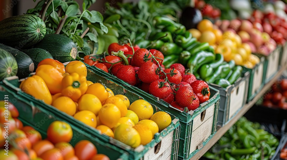 Fresh produce displayed in crates at a local market.