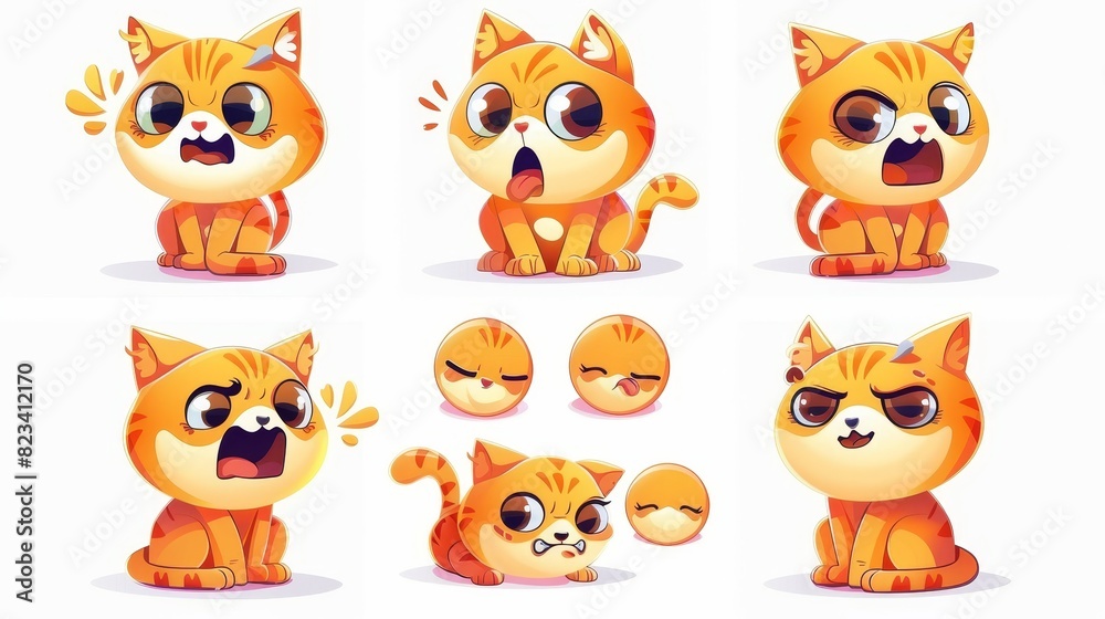 Various emotions of a cute cat character, isolated on white