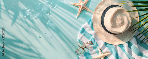 Sun hat, sunglasses, and towel by the pool with palm shadows and starfish photo