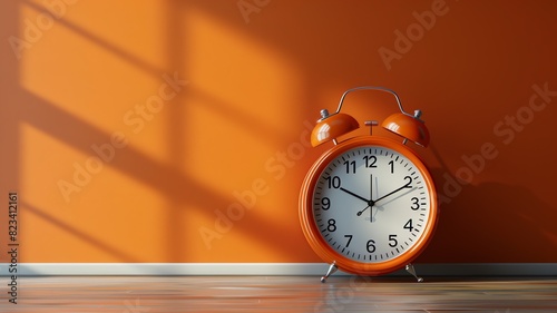 An Orange alarm clock with a white face against an orange wall with sunlight through window, wooden floor, copy space for text