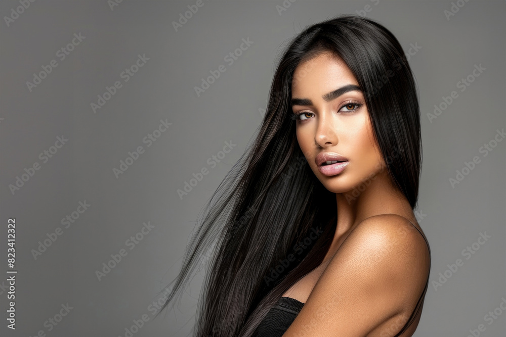Young Woman With Long Dark Hair Posing Against a Grey Background in a Studio Setting Young Woman With Long Dark Hair Posing Against a Grey Background in a Studio Setting