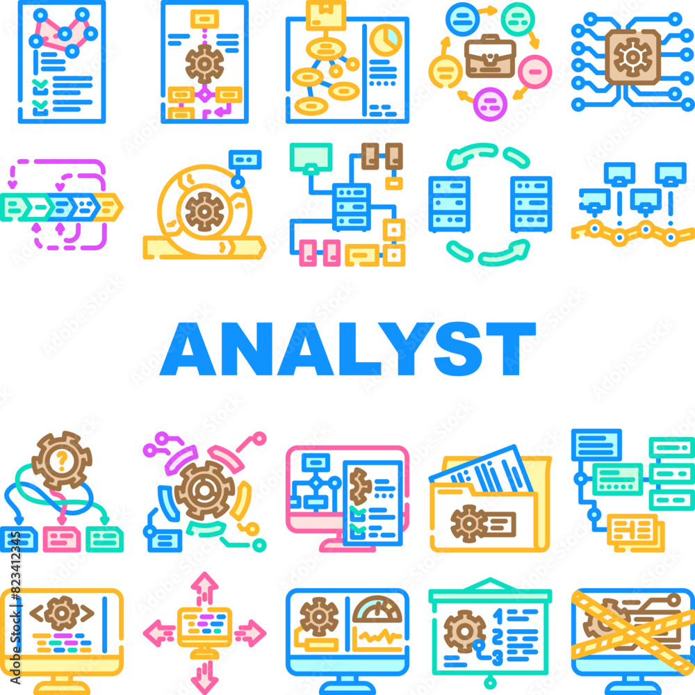 system analyst data business icons set vector. computer digital, financial technology, kpi information, analytics management, chart system analyst data business color line illustrations system analyst data business icons set vector. computer digital, financial technology, kpi information, analytics management, chart system analyst data business color line illustrations