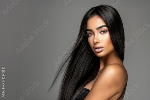Young Woman With Long Dark Hair Posing Against a Grey Background in a Studio Setting