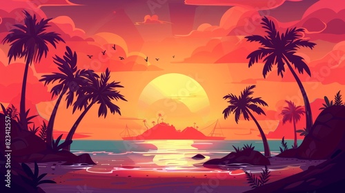 Illustration of tropical summer sunset with palm trees on ocean beach. Modern cartoon illustration.