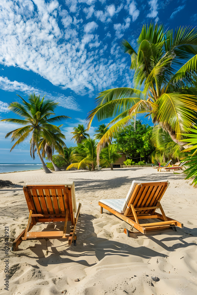 Tropical beach paradise with sun loungers