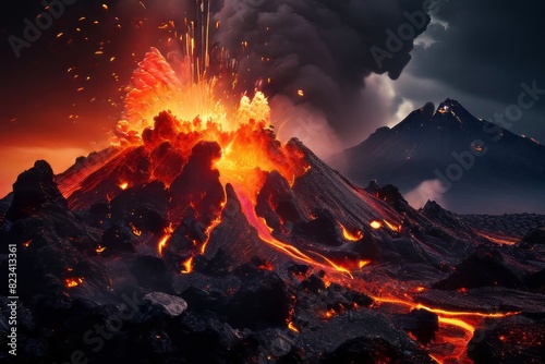 Lavastrom vom Vulkankrater beim Ausbruch in Nahaufnahme