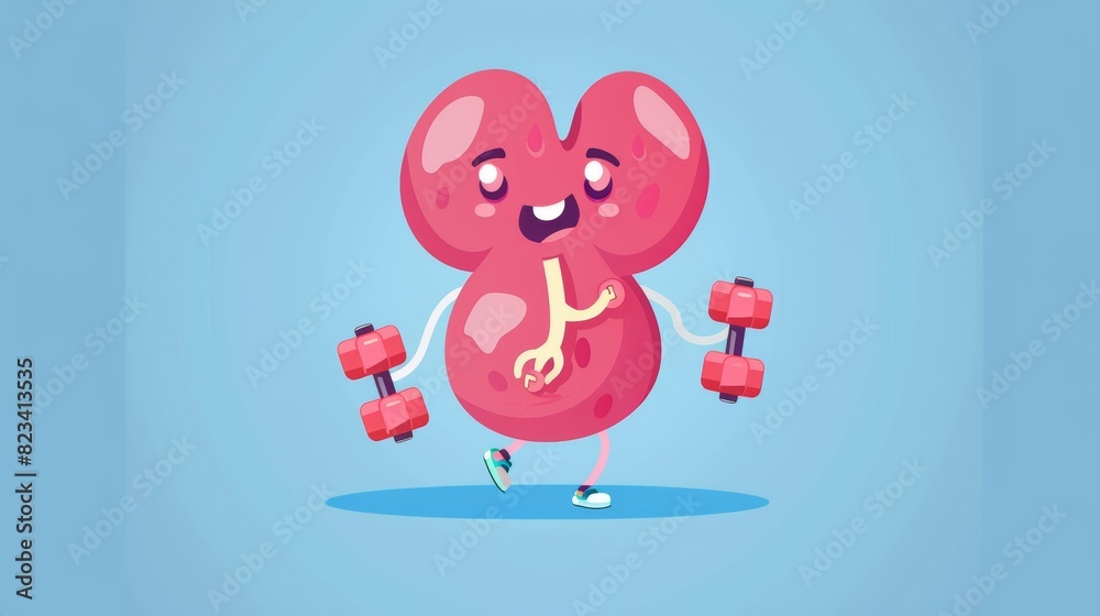 Cartoon illustration of a smiling healthy kidney character lifting dumbbells. Human anatomy genitourinary system internal organ suggesting staying active and participating in sports. Cartoon illustration of a smiling healthy kidney character lifting dumbbells. Human anatomy genitourinary system internal organ suggesting staying active and participating in sports.