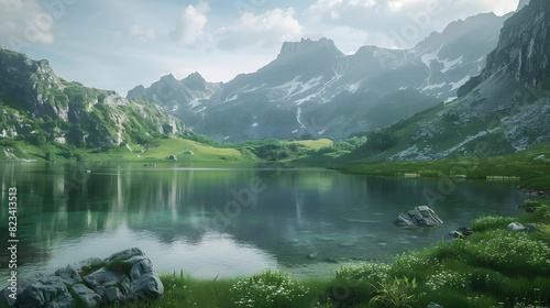 Idyllic view of a tranquil mountain lake with lush greenery and rocky peaks